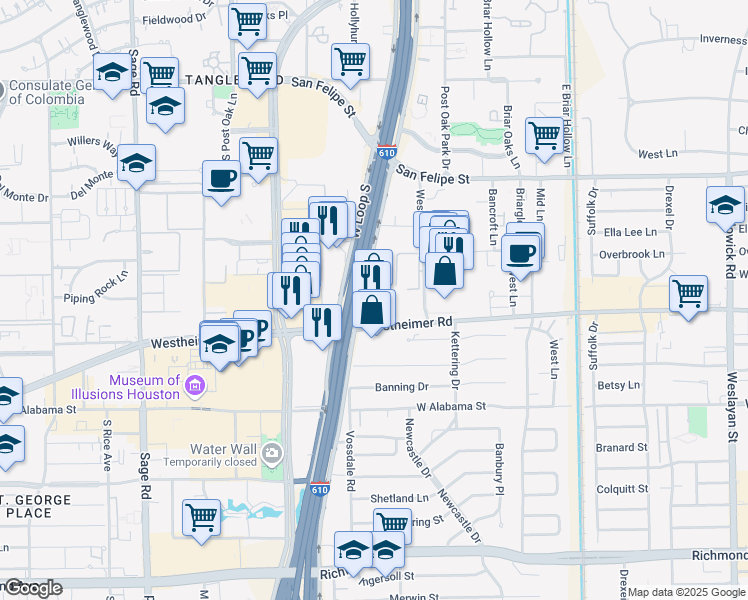 map of restaurants, bars, coffee shops, grocery stores, and more near 5444 Westheimer Road in Houston