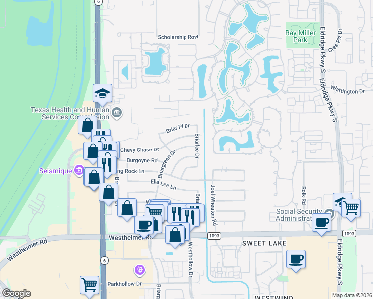 map of restaurants, bars, coffee shops, grocery stores, and more near 2015 Briargreen Drive in Houston