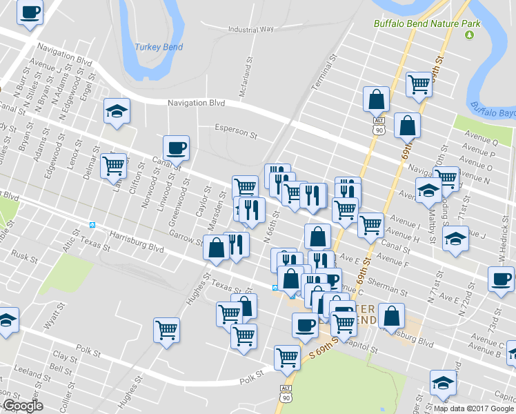 map of restaurants, bars, coffee shops, grocery stores, and more near 6503 Avenue F in Houston