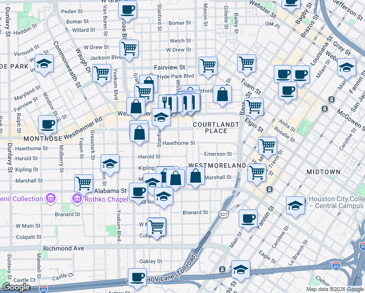 map of restaurants, bars, coffee shops, grocery stores, and more near 3403 Audubon Place in Houston
