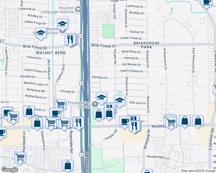 map of restaurants, bars, coffee shops, grocery stores, and more near 10219 Meadow Lake Lane in Houston