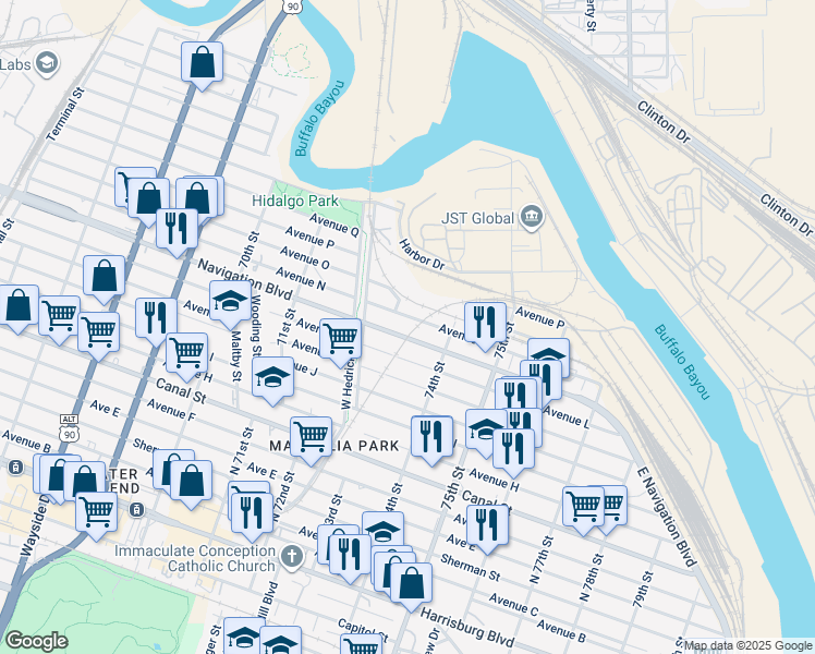 map of restaurants, bars, coffee shops, grocery stores, and more near 7251 Navigation Boulevard in Houston