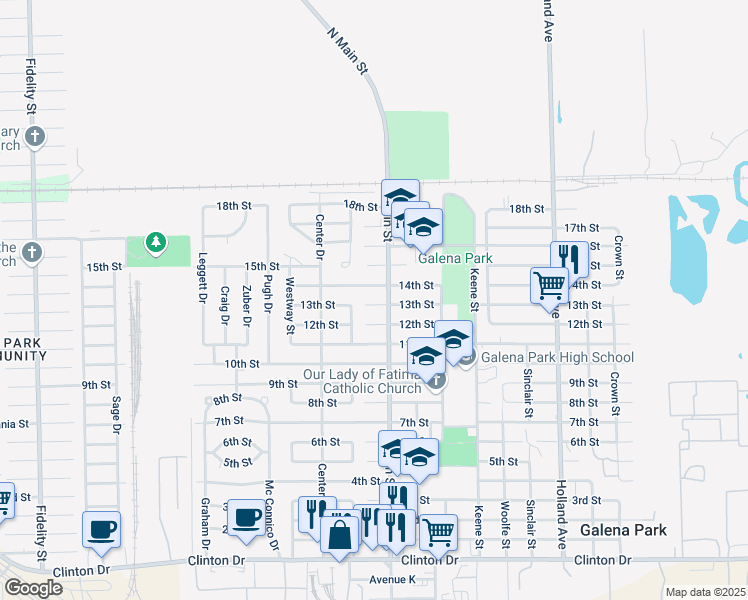 map of restaurants, bars, coffee shops, grocery stores, and more near 1907 13th St in Galena Park