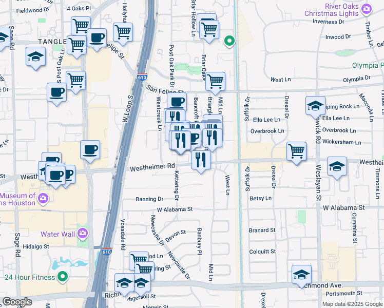 map of restaurants, bars, coffee shops, grocery stores, and more near 4444 Westheimer Road in Houston