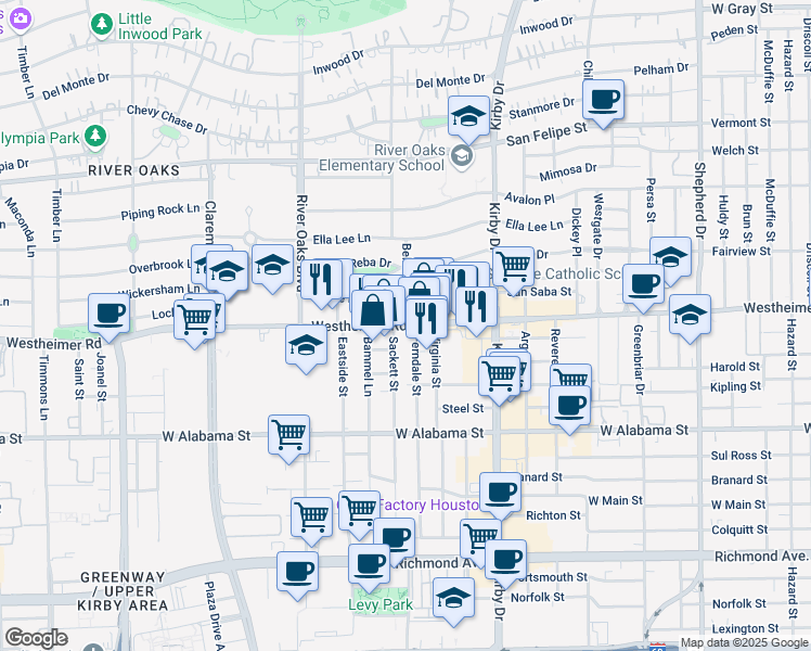 map of restaurants, bars, coffee shops, grocery stores, and more near 2909 Westheimer Road in Houston