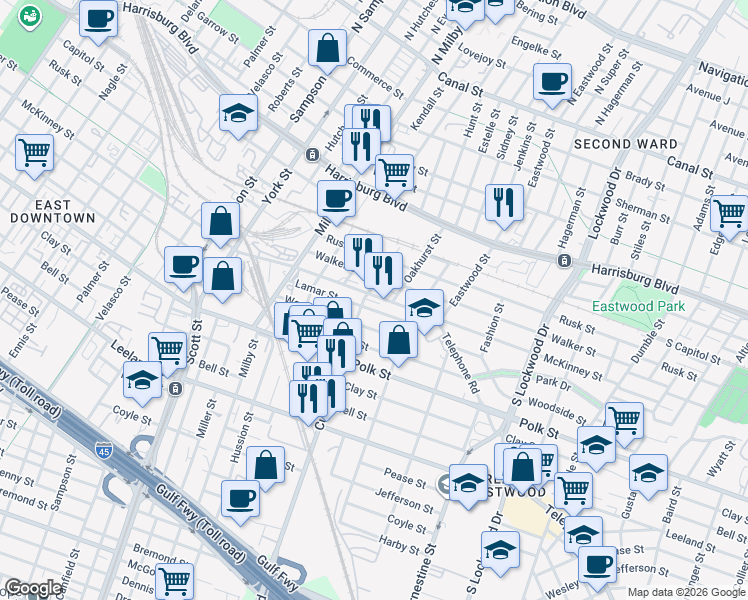 map of restaurants, bars, coffee shops, grocery stores, and more near 4110 McKinney Street in Houston