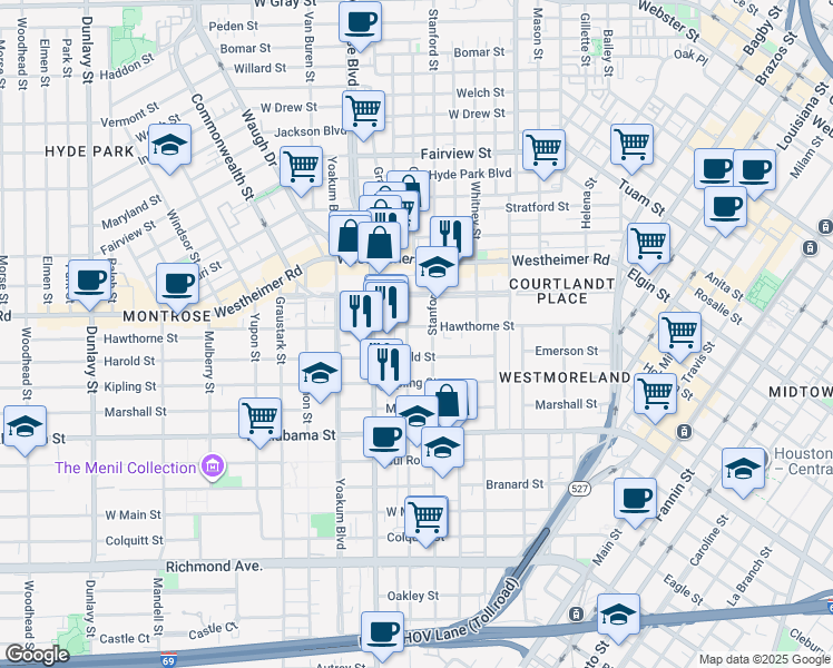 map of restaurants, bars, coffee shops, grocery stores, and more near in Houston