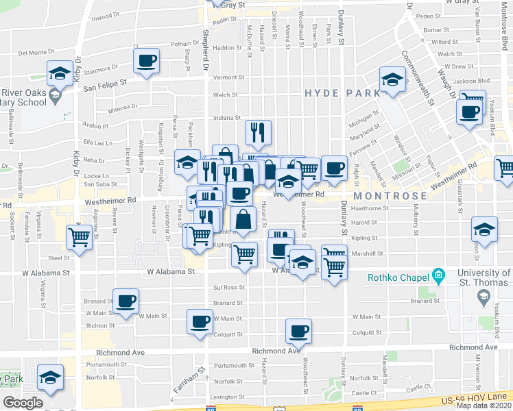 map of restaurants, bars, coffee shops, grocery stores, and more near 1912 Hawthorne St in Houston