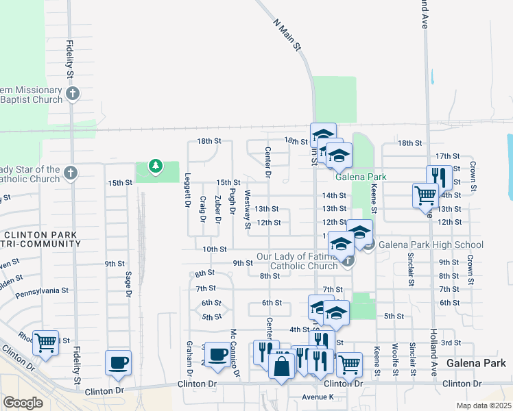 map of restaurants, bars, coffee shops, grocery stores, and more near 2106 13th Street in Galena Park