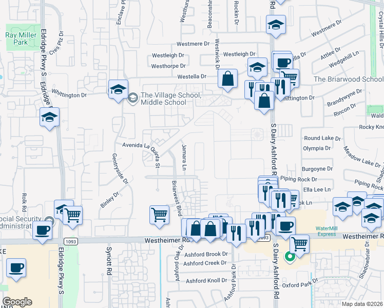 map of restaurants, bars, coffee shops, grocery stores, and more near 2203 Jamara Lane in Houston