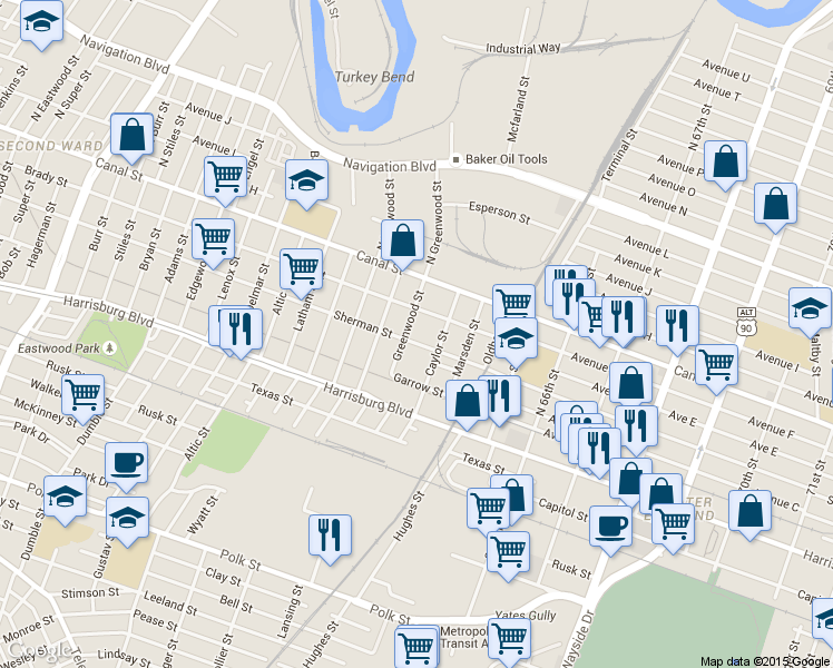map of restaurants, bars, coffee shops, grocery stores, and more near 6003 Sherman Street in Houston