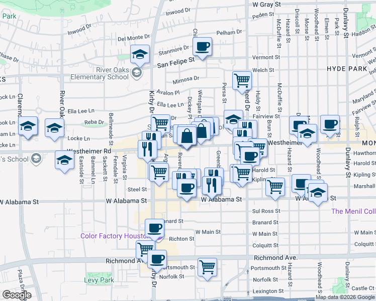 map of restaurants, bars, coffee shops, grocery stores, and more near 2608 Westgate Drive in Houston