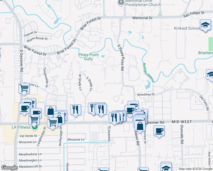 map of restaurants, bars, coffee shops, grocery stores, and more near 27 East Shady Lane in Houston