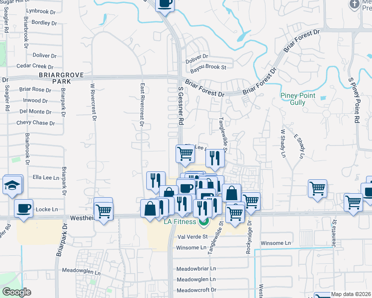 map of restaurants, bars, coffee shops, grocery stores, and more near 2359 South Gessner Road in Houston