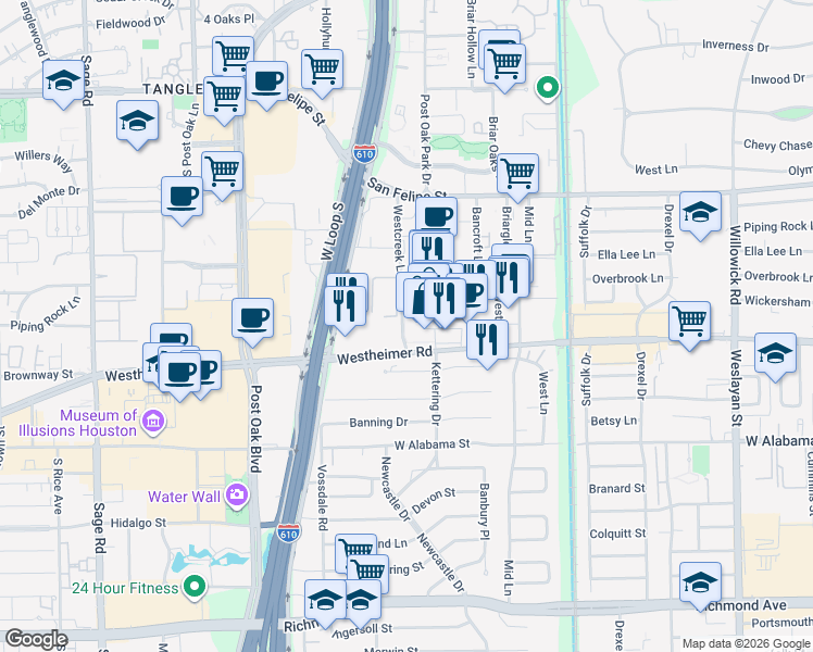 map of restaurants, bars, coffee shops, grocery stores, and more near 4444 Westheimer Road in Houston