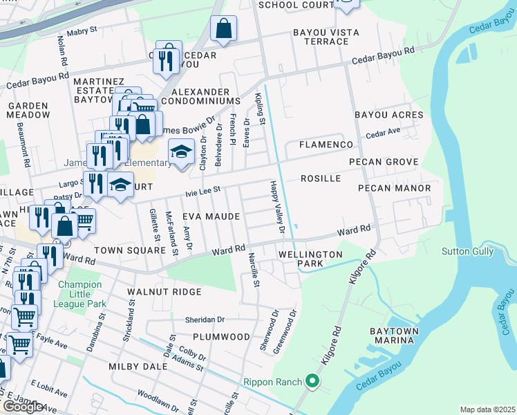 map of restaurants, bars, coffee shops, grocery stores, and more near 2106 Cedarbrake Street in Baytown