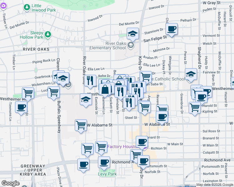 map of restaurants, bars, coffee shops, grocery stores, and more near 2909 Westheimer Road in Houston