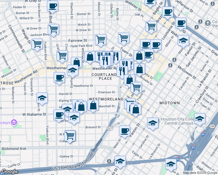 map of restaurants, bars, coffee shops, grocery stores, and more near 311 Hawthorne Street in Houston