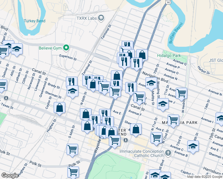 map of restaurants, bars, coffee shops, grocery stores, and more near 6720 1/2 Avenue H in Houston