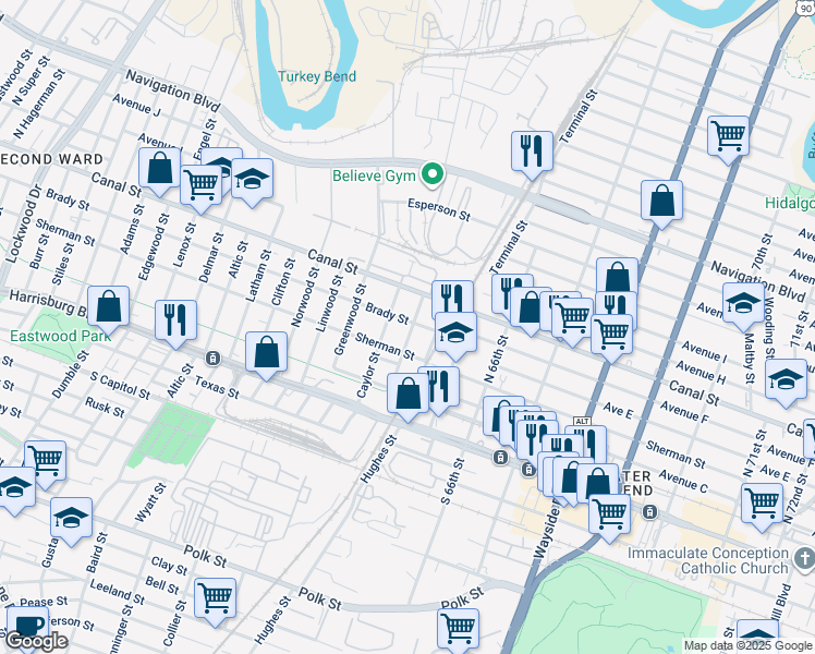 map of restaurants, bars, coffee shops, grocery stores, and more near 111 Caylor Street in Houston