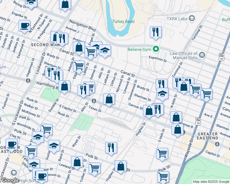 map of restaurants, bars, coffee shops, grocery stores, and more near 212 Norwood Street in Houston