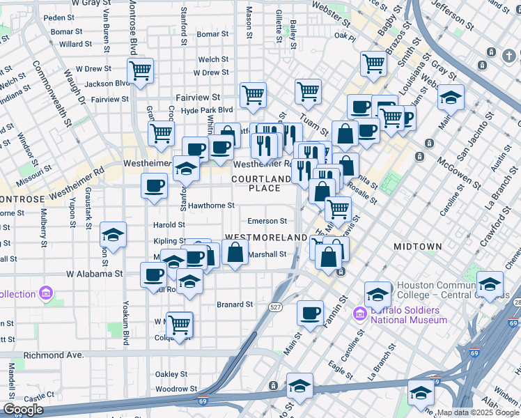 map of restaurants, bars, coffee shops, grocery stores, and more near 411 Emerson Street in Houston