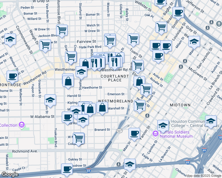 map of restaurants, bars, coffee shops, grocery stores, and more near 425 Hawthorne Street in Houston