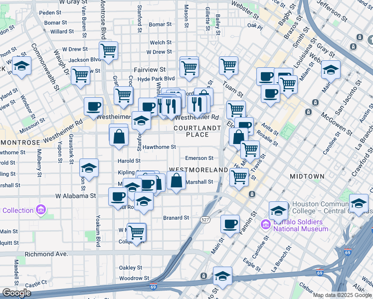 map of restaurants, bars, coffee shops, grocery stores, and more near 425 Hawthorne Street in Houston