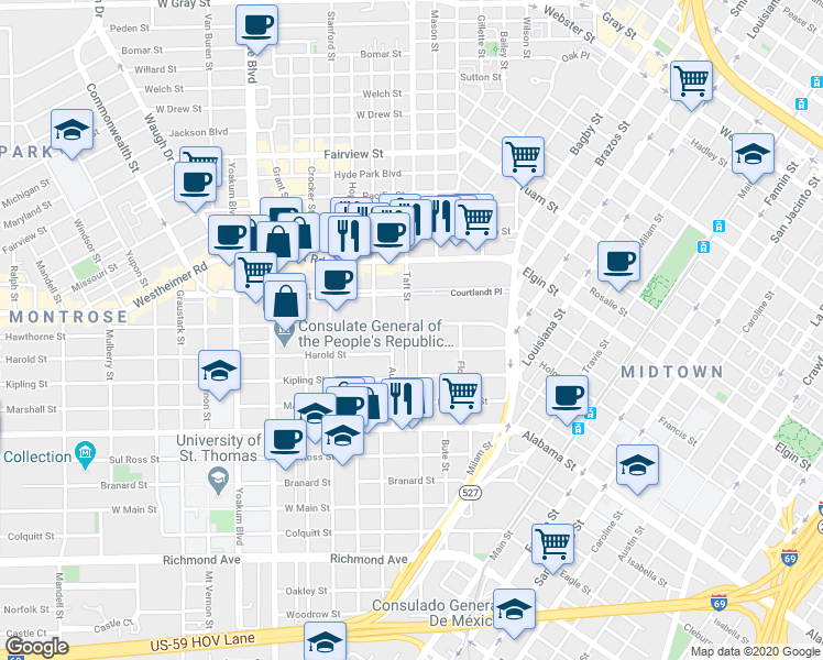 map of restaurants, bars, coffee shops, grocery stores, and more near 3403 Audubon Place in Houston