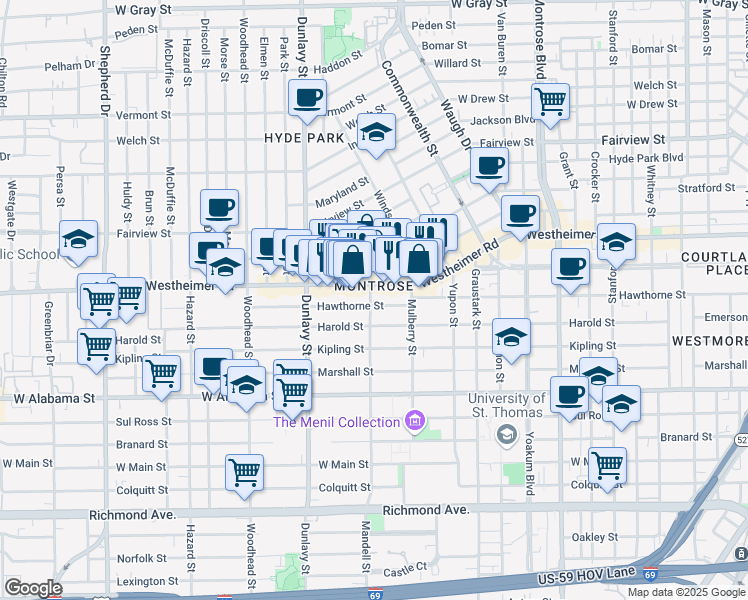 map of restaurants, bars, coffee shops, grocery stores, and more near in Houston