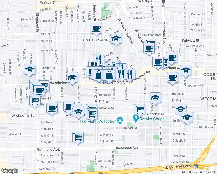 map of restaurants, bars, coffee shops, grocery stores, and more near 1611 Hawthorne Street in Houston