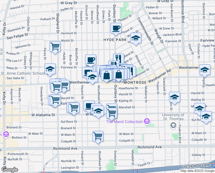 map of restaurants, bars, coffee shops, grocery stores, and more near 1722 Hawthorne Street in Houston
