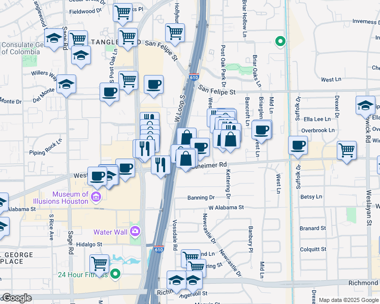 map of restaurants, bars, coffee shops, grocery stores, and more near 5444 Westheimer Road in Houston