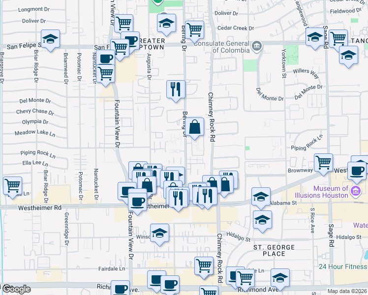 map of restaurants, bars, coffee shops, grocery stores, and more near 2362M Bering Drive in Houston