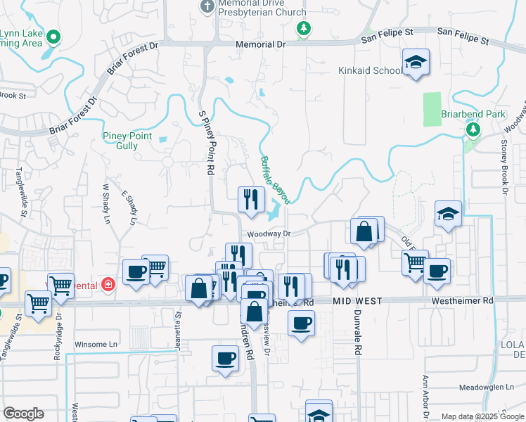 map of restaurants, bars, coffee shops, grocery stores, and more near 2411 Fondren Road in Houston