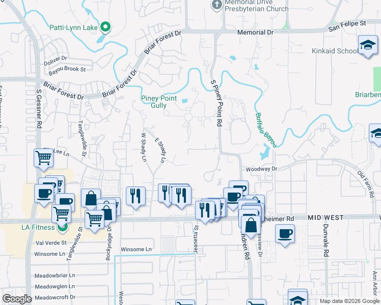 map of restaurants, bars, coffee shops, grocery stores, and more near 27 East Shady Lane in Houston