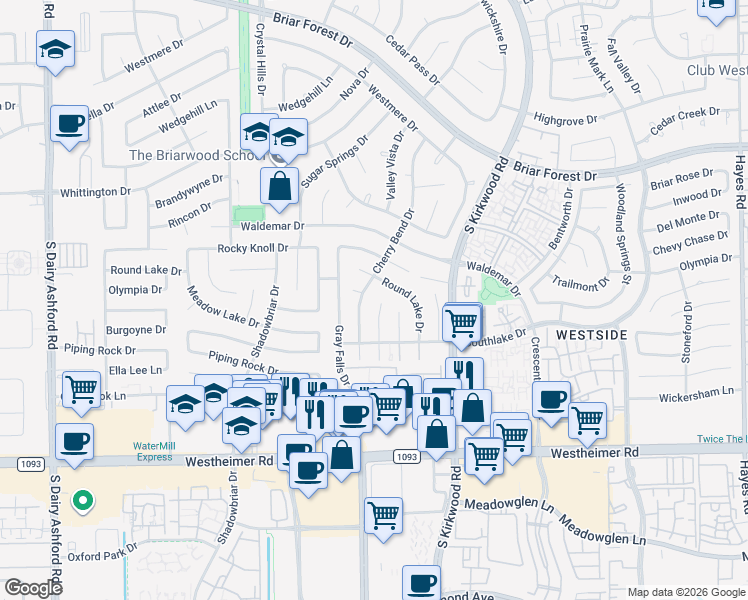 map of restaurants, bars, coffee shops, grocery stores, and more near 2210 Silver Sage Drive in Houston