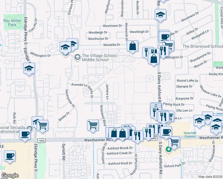 map of restaurants, bars, coffee shops, grocery stores, and more near 2203 Jamara Lane in Houston