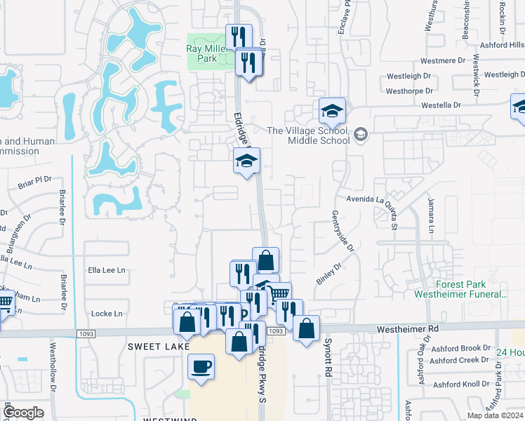 map of restaurants, bars, coffee shops, grocery stores, and more near 2255 Eldridge Parkway in Houston