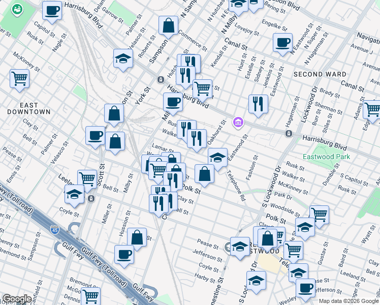 map of restaurants, bars, coffee shops, grocery stores, and more near 4104 McKinney Street in Houston