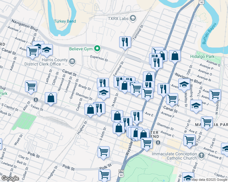 map of restaurants, bars, coffee shops, grocery stores, and more near 6602 Canal Street in Houston