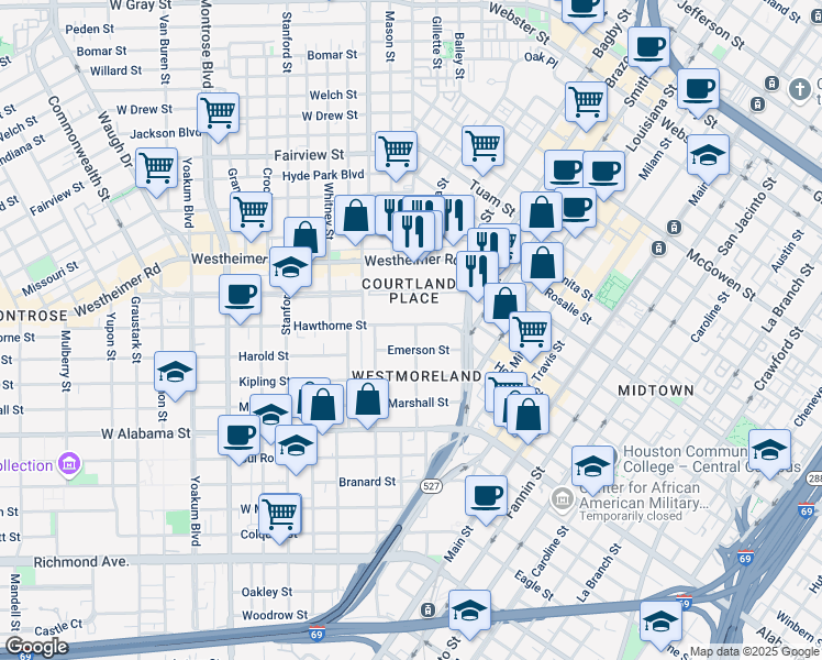 map of restaurants, bars, coffee shops, grocery stores, and more near 405 Hawthorne Street in Houston