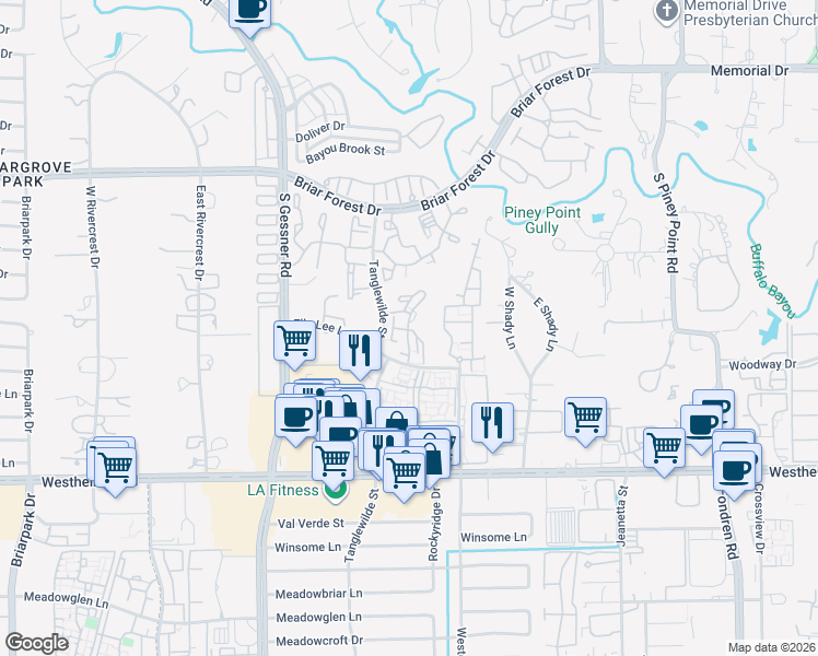 map of restaurants, bars, coffee shops, grocery stores, and more near 9550 Ella Lee Lane in Houston