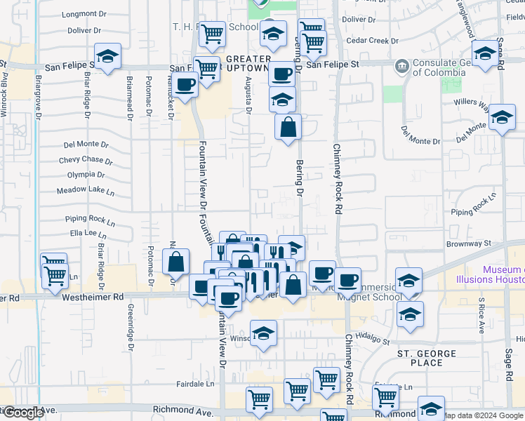 map of restaurants, bars, coffee shops, grocery stores, and more near 2323 Augusta Drive in Houston