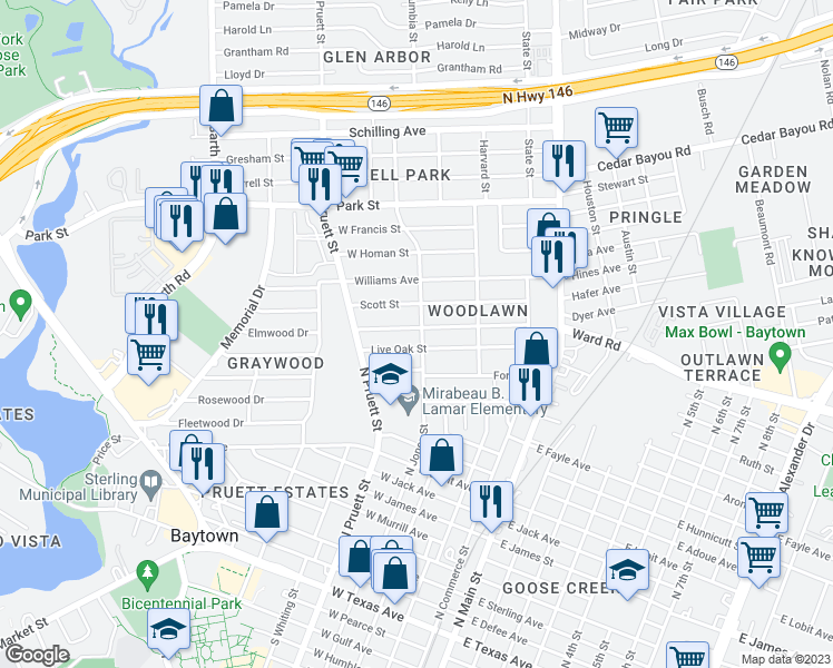 map of restaurants, bars, coffee shops, grocery stores, and more near 401 Harvey Street in Baytown