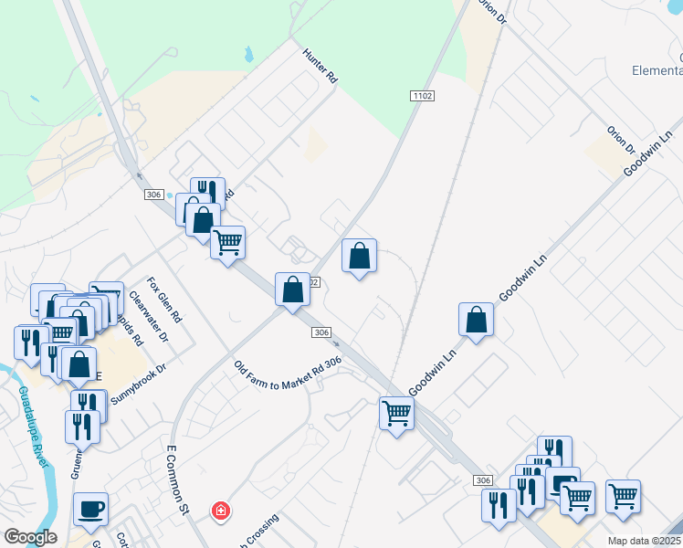 map of restaurants, bars, coffee shops, grocery stores, and more near 766 Farm to Market Road 306 in New Braunfels