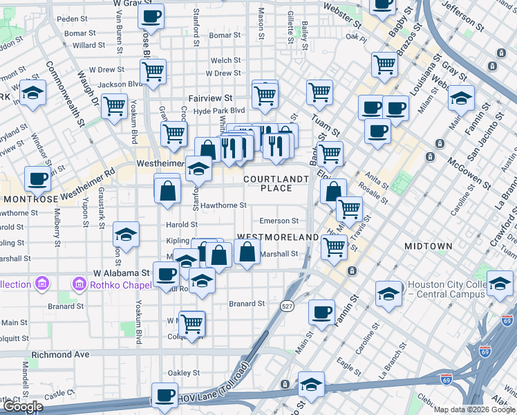 map of restaurants, bars, coffee shops, grocery stores, and more near 425 Hawthorne Street in Houston