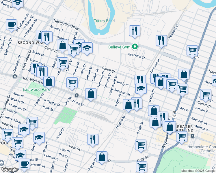 map of restaurants, bars, coffee shops, grocery stores, and more near 201 Linwood Street in Houston