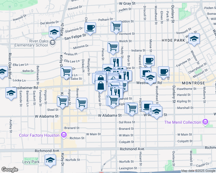 map of restaurants, bars, coffee shops, grocery stores, and more near 2119 Westheimer Road in Houston