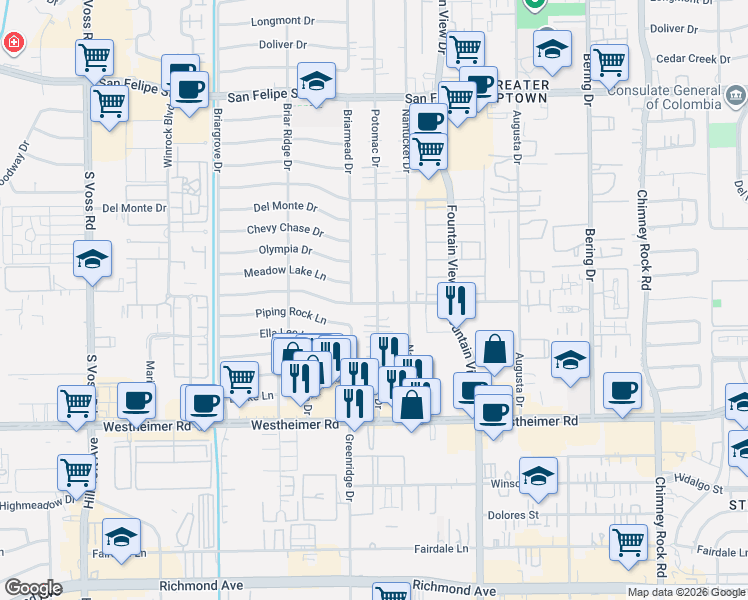 map of restaurants, bars, coffee shops, grocery stores, and more near 6015 Burgoyne Drive in Houston